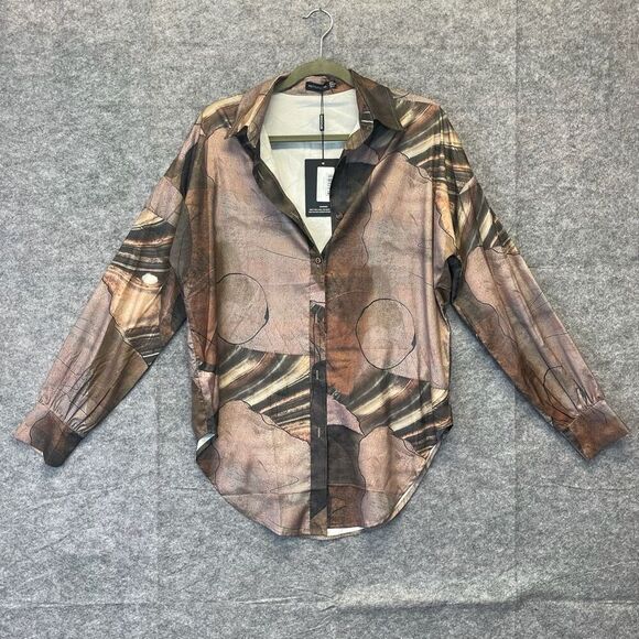 NWT PrettyLittleThing Top Women's 4 Beige Abstract Button Down Oversized Shirt - Picture 16 of 16